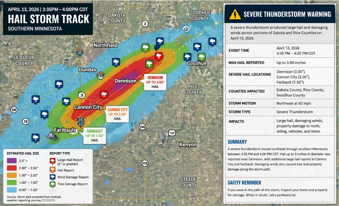 Hail storm track map showing recent storms across the Twin Cities South Metro